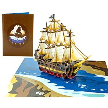 Imagem de Navio pirata - Cartão pop-up colorido 3D para todas as ocasiões - amor, aniversário, natal, boa sorte, dia dos pais, aventura, viagem - nota de mensagem personalizada - envelope grosso, dobrável plano