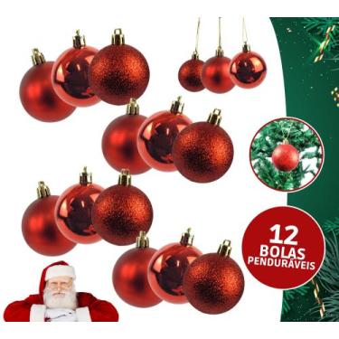 Imagem de Kit 12 Bolas De Natal 5cm Grande Vermelho Penduráveis Enfeites - Ausho