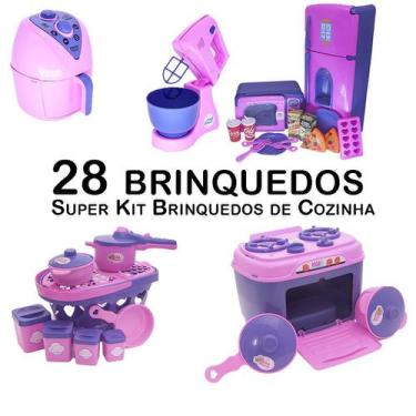 Imagem de Kit Cozinha Infantil Geladeira Microondas Panelas Fogão 28Pç - Altimar