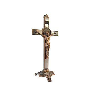 Imagem de Crucifixo Em Metal Para Parede E Mesa Resinado 20cm Estilizado com Pedestal Cruz Moderna Decoração para Altar Bronze