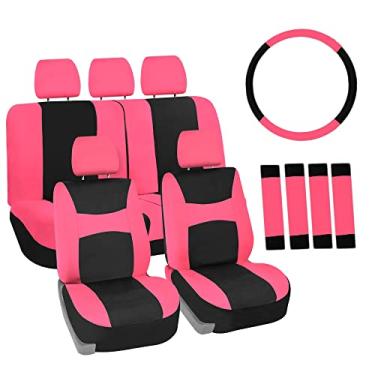 Imagem de FH Group FB030PINK-COMBO conjunto de capas de assento com capa de volante e almofada de cinto de segurança (compatível com airbag e rosa.