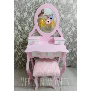 Conjunto de Toucador e banco para crianças Mesa de Maquilhagem Princesa  para Meninas com Espelho Rotativo 360° Removível 3 Gavetas Rosa e Branco