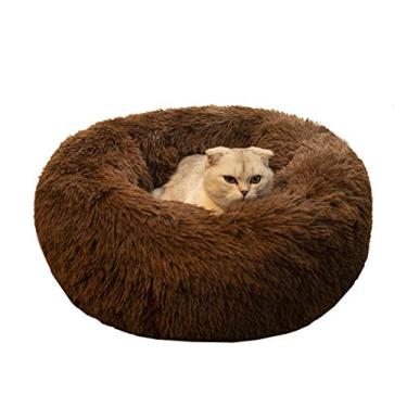 Imagem de Cama de pelúcia redonda BODISEINT macia e moderna para gatos ou cães pequenos, mini cama de cachorro de tamanho médio para gatos aquecimento automático outono inverno interior soneca dormir aconchegante gatinho canil de pelúciaBODISEINT S(19.7"Dx7.9"H) marrom