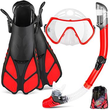 Imagem de ZEEPORTE Conjunto de snorkel de barbatana com equipamento de mergulho para adultos, máscara de mergulho panorâmica, nadadeira de trek, snorkel seco + bolsas de viagem, snorkel para natação de colo