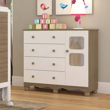 Imagem de Cômoda Infantil 1 Porta com Janela 4 Gavetas 100% MDF Mimo Branco Brilho/Carvalho