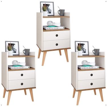 Imagem de Kit 3 Mesas Cabeceira Dream Jogo Mesinha Decorativa Lateral Cama Decoração Quarto Casal Solteiro - Off White/Freijó - RPM Móveis
