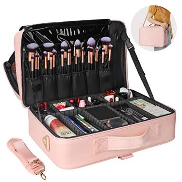 Imagem de Relavel Estojo de viagem para maquiagem, estojo organizador de cosméticos, bolsa de armazenamento portátil para artistas com divisórias ajustáveis para cosméticos, pincéis de maquiagem, joias de
