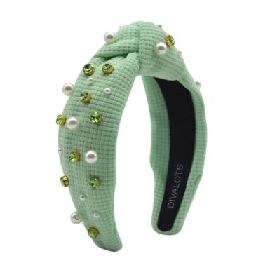 Imagem de Divalots Tiara de waffle com nó enfeitado com pérolas de cristal elegante e versátil, acessório de cabelo perfeito para mulheres (verde claro)