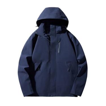 Imagem de Jaqueta masculina leve corta-vento Rip Stop capa de chuva casaco com capuz gola cor sólida, Azul-escuro, G