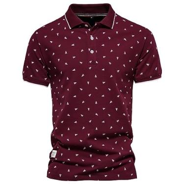Imagem de Camisa polo masculina de manga curta com lapela de algodão casual com absorção de umidade secagem rápida, Vinho tinto, XXG