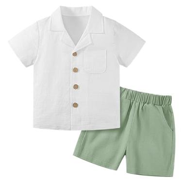 Imagem de Weixinbuy Conjunto de roupas para bebês meninos, roupa de verão, algodão, linho, manga curta, camiseta com bolso superior, camisa de botão, conjunto curto, Branco e verde nº 1, 3-4 Anos