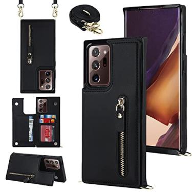 Imagem de YDIJCYAN Capa tipo carteira transversal para Samsung Galaxy Note 20 Ultra com compartimento para cartão com bloqueio de RFID, capa de carteira magnética, bolsa de couro PU com zíper e alça de cordão removível - preta
