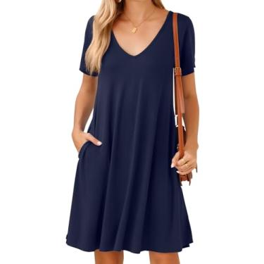 Imagem de JollieLovin Vestido feminino casual de verão 2024 com decote em V plus size camiseta de manga curta vestido de sol solto, Azul-marinho com decote em V, 1X