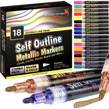 Imagem de Conjunto de 18 canetas de tinta metálicas com contorno automático dourado e prata com cores douradas e prateadas – pontas médias, marcadores permanentes de linha dupla extra grandes para canetas de diário, scrapbook, cartões, artesanato, pôsteres, cartões