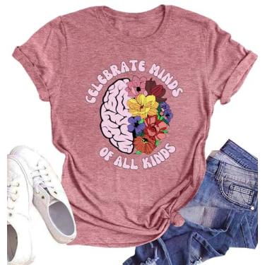 Imagem de Camiseta feminina Celebrate Minds of All Kinds para mulheres Mental Health Matters Camiseta Human Brain Awareness, rosa, G