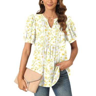 Imagem de Anyally Blusa feminina casual elegante de verão manga curta túnica tops plissados para o trabalho, Flor de damasco plissada, 3G