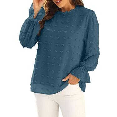 Imagem de Aniywn Blusas elegantes femininas de chiffon com gola de manga curta/longa e gola para trabalho de escritório lindas blusas túnicas de verão, A8 - Azul-marinho, GG