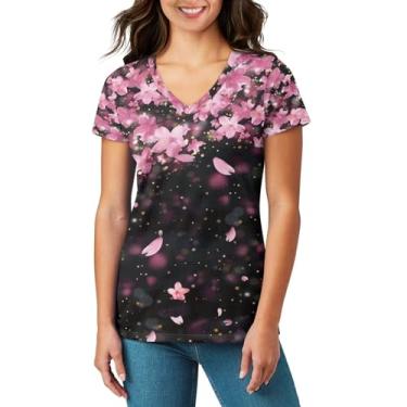 Imagem de Pugasmiru Blusas macias e elásticas, camiseta feminina moderna com estampa casual gola V manga curta estampada para trabalho, Cereja rosa, 4G