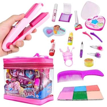Imagem de Kit de beleza brinquedo camarim infantil presente menina 5 anos bolsa de maquiagem studio salão chapinha faz mechas coloridas prancha de cabelo colorir pintar make brinq