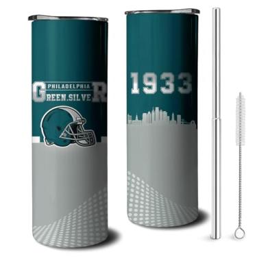 Imagem de Copo de aço inoxidável de 590 ml com tampa e canudo para fãs de futebol americano, homens, mulheres, presentes, copo de viagem skinny, mantém as bebidas frias e quentes