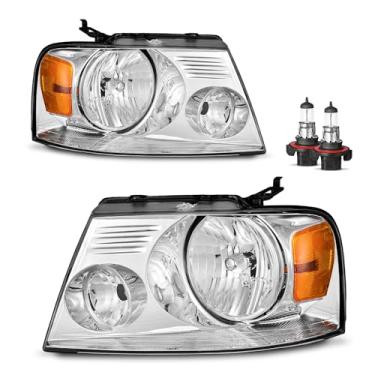 Imagem de KarSpareHub Para Ford F150 Pickup/2006-2008 Mark LT 2004-2008 Conjunto de faróis, substituição de farol para 2004 2005 2006 2007 2008 conjuntos de faróis cromados refletor âmbar
