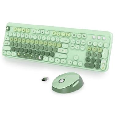 Imagem de Fogruaden Teclado verde e mouse sem fio, teclado retrô de máquina de escrever, 2,4 GHz 104 teclas, teclado bonito tamanho completo com teclado numérico, teclado colorido gradiente com teclas redondas