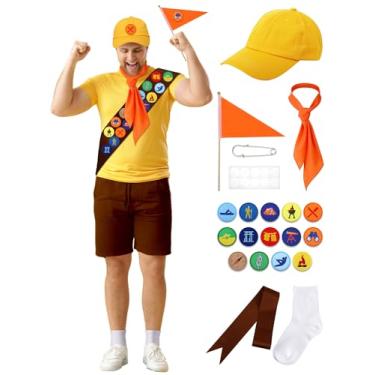 Imagem de Landical Fantasia de escoteiro de Halloween para adultos inclui emblema de escoteiro amarelo emblema faixa lenço de pescoço galhardete meias brancas pinos de prata cola para kit de acessórios de