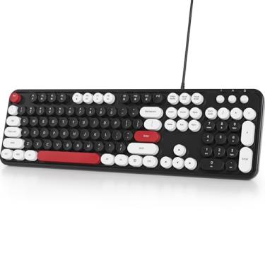 Imagem de Owpkeenthy Teclado retrô de máquina de escrever com teclas redondas flutuantes, teclado USB com fio de tamanho completo com suporte dobrável para laptop, escritório, PC, mesa e janelas (preto