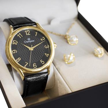 Imagem de Relógio Champion Feminino Analógico Couro CH22706K + Kit Colar e Brincos
