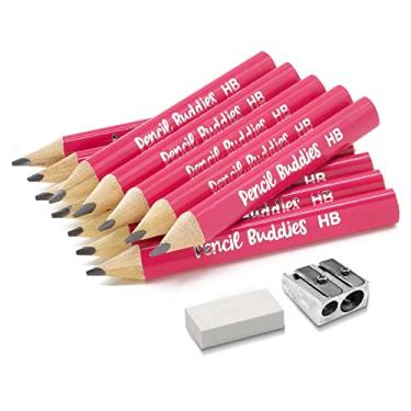 Imagem de Pencil Buddies Lápis jumbo curtos para crianças – 12 lápis de grafite HB gordos com aderência triangular e tinta rosa, conjunto de 14 peças com apontador e borracha