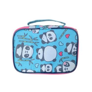 Imagem de Estojo Escolar Grande modelo 100 Pens, Zíper Interno, Alça e Divisória Central Removível (Panda, Azul/Rosa)