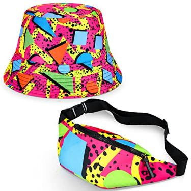 Imagem de 2 peças Retro Vintage 80 anos 90 Conjunto de chapéus Bucket Packable, Mochila de cintura casual ajustável Embalável Outdoor Fisherman Hat Fashion Waist Packs para homens, mulheres, verão, festa, festival, trilhas (Estilo neon)