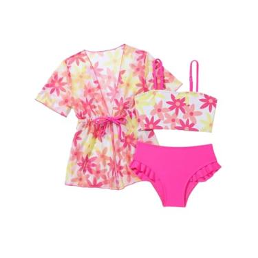 Imagem de WDIRARA Conjunto de biquíni de 3 peças com estampa floral e acabamento de babados e saída de quimono para meninas, Rosa choque, 7 Anos