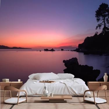 Imagem de Lcythiazole Mural de papel de parede personalizável para remover e colar, mural de oceano, praia pôr do sol céu roxo nuvem romântica mural de papel de parede adequado para quarto e sala de estar