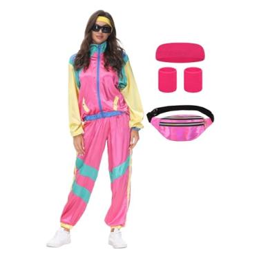 Imagem de COREWO Conjunto de agasalho feminino dos anos 80, retrô, hip hop, corta-vento, discoteca, conjunto de roupas de uma peça, Roupa rosa, GG