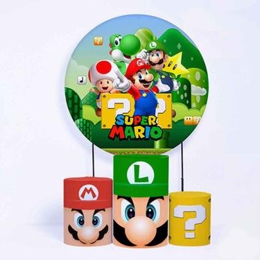 Imagem de Kit Painel de Festa Redondo de 1,30m e Trio de Cilindros Mario Bros - Fera Print
