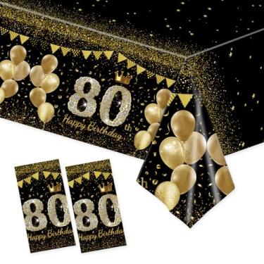 Imagem de Xjoviative Pacote com 2 toalhas de mesa de plástico para aniversário de 80 anos 137 x 272 cm, toalha de mesa descartável dourada preta para decoração de festa de 80 anos (80º)
