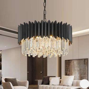 Imagem de YOLIZUOT Lustre De Cristal Preto De 20'', Lustre Redondo De Cristal K9 Ajustável, 4 Níveis, Grande, Moderno, 6 Luzes Para Sala De Jantar, Sala De Estar, Cozinha, Hall De Entrada