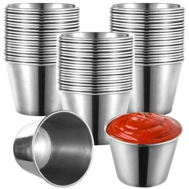 Imagem de OMISTAR 60 peças de copos de molho de aço inoxidável, ramequins de metal de 62 g, copos de molho de metal reutilizáveis, copos de condimentos de aço inoxidável, tigelas pequenas, copos redondos de