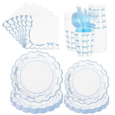 Imagem de JarThenaAMCS Kit de artigos de festa com laço azul, 175 peças, conjunto de utensílios de mesa com laço recortado, descartável, papel, guardanapo, prato, copo, colher, garfo, faca, para 25 convidados