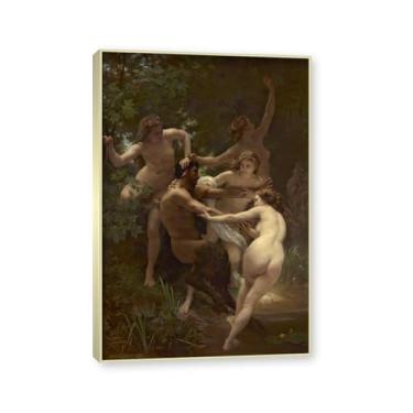 Imagem de NHLDZYH Moldura dourada champanhe. Impressões de arte William Adolphe Bouguereau - Pintura de retrato - (Ninfas e sátiro) - Pôster temático de mitologia grega - Pôster de decoração de parede vintage