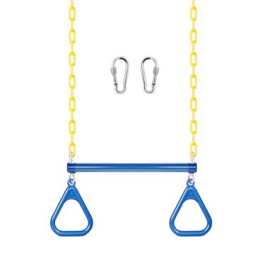 Imagem de LadyRosian 16" Gym Trapeze Swing Bar Rings 47" Heavy Duty Chain Swing Set Accessories with Locking Carabiners Plastic Coated Chains Swing Monkey Bars for Backyard, Playroom (Blue)