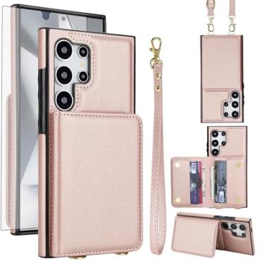 Imagem de Asuwish Capa de celular para Samsung Galaxy S24 Ultra 5G com protetor de tela de vidro temperado, alça transversal de pulso, compartimento para cartão com bloqueio de RFID S24Ultra 24S S 24 24Ultra