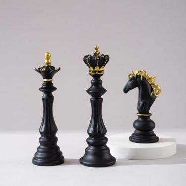 Imagem de Escultura de xadrez de resina, estatuetas colecionáveis, ornamento, estátua, escritório, loja, balcão, decoração criativa, artesanato (3 peças preto)