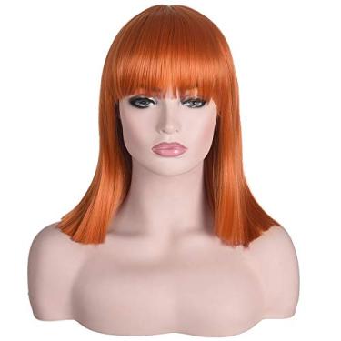 Imagem de (2735 Orange) - Morvally Short Straight Bob Wig Heat Resistant Hair with Blunt Bangs Natural Looking Cosplay Costume Daily Wigs (36cm , 2735 Orange)