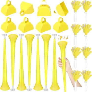 Imagem de Jenaai 24 Pcs Collapsible Stadium Horn Hand Clappers Metal Cowbells 24 Inch Vuvuzela Horn Plastic Trumpet Cheering Clappers Loud Call Bell for Sporting Events Graduation School Sports Party(Yellow)