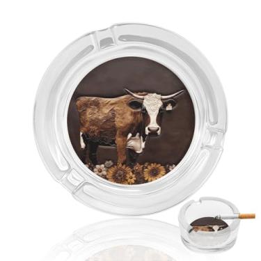 Imagem de Cinzeiro de vidro de cristal de couro marrom de vaca, cinzeiro redondo para fumar de vidro resistente, portátil, decorativo, moderno, para uso em casa, escritório, ambientes internos e externos, pátio