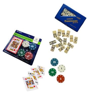 Imagem de Kit de Poker com Baralho 54 Cartas e 20 Fichas + Jogo de Dominó 28 Peças Double Six – Ideal para Jogos em Família e Lazer Adulto