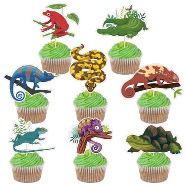 Imagem de Joybileefun Decorações de festa de aniversário de répteis - 40 peças de topos de cupcake de répteis para crianças, meninos, sapo, cobra, camaleão, crocodilo, lagarto, lagarto, tema animal, enfeite de
