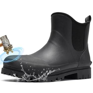 Imagem de Furuian Botas de chuva masculinas de aço com bico de aço, botas de trabalho de borracha Chelsea, impermeável, sapatos de lama antiderrapantes para agricultura, trabalho industrial, caça, Preto, 38